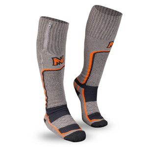 Mobile Warming grey and black heated socks with orange trim and side zipper