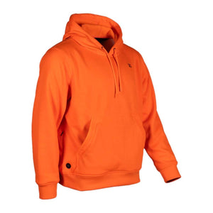 Mobile Warming orange hooded sweatshirt with front kangaroo pocket and power button
