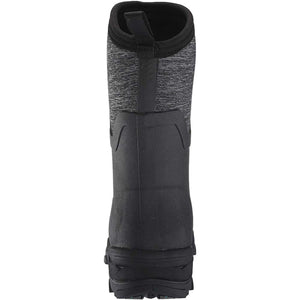 Back view of a black Muck boot with grey heathered upper