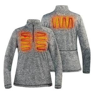 Venture Heat women's grey heather quarter zip heated pullover showing front and back heating elements