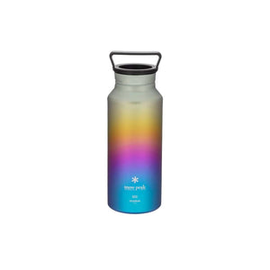 Snow Peak 800 titanium water bottle with a gradient rainbow finish and black carry lid