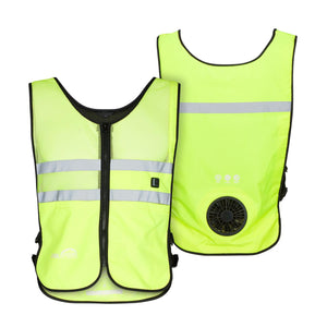 Neon yellow high visibility cooling vest with reflective strips and integrated back fan