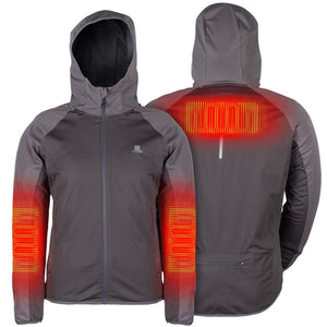 Mobile Warming hooded jacket showing internal heating elements on arms and back