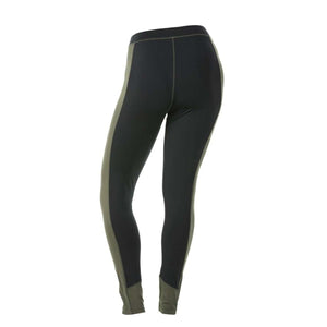 Black and olive green athletic leggings viewed from the back