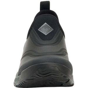 Front view of a black Muck Boot slip on shoe with a textured rubber toe cap and pull tab