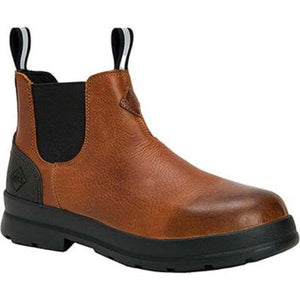 Muck brown leather Chelsea boot with black elastic side panels and black rubber sole
