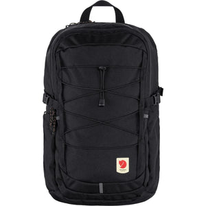 Fjallraven black backpack with front bungee cord system and logo patch