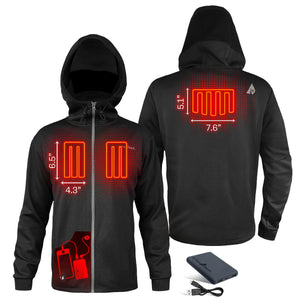 ActionHeat black hooded jacket showing internal heating element dimensions and power bank connection