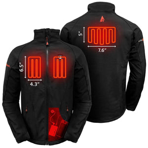 ActionHeat jacket showing heating element placement and battery pack location with dimensions