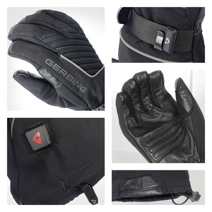 Gerbing heated motorcycle gloves showing exterior details palm leather and power control button