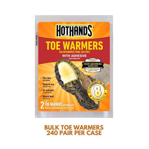 HotHands adhesive toe warmers packaging showing eight hours of heat and odor absorbing activated charcoal