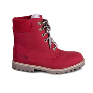 Cloud Nine red lace up boot with faux fur lining and lug sole