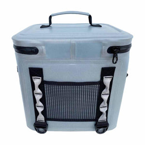 Light grey soft sided cooler with black zipper and mesh front pocket