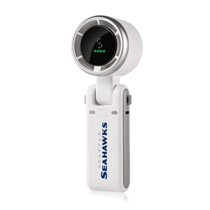 White handheld Seattle Seahawks portable fan with digital battery display