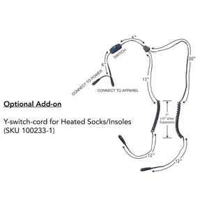 Gears Canada Y-switch cord diagram for heated socks and insoles with labeled cable lengths