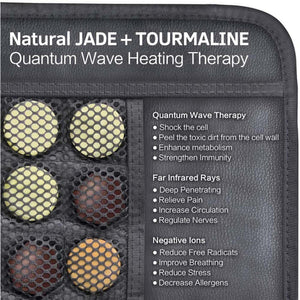UTK Technology jade and tourmaline heating mat with text explaining quantum wave, far infrared, and negative ion therapy