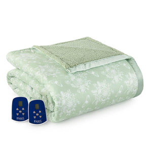 Shavel green floral print heated blanket with two digital controllers