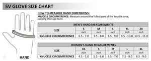 5V glove size chart showing knuckle circumference measurements for men and women in inches
