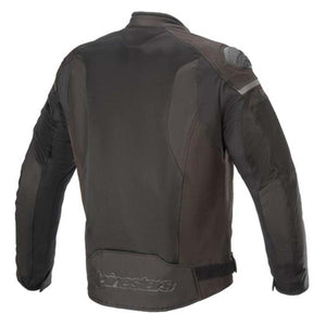 Back view of black Alpinestars motorcycle jacket with protective shoulder padding