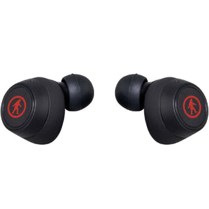 Pair of black wireless earbuds with red Bigfoot logo