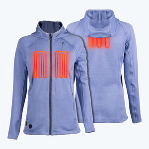 Light blue hooded heated jacket showing front and back heating element zones