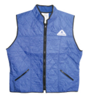 Blue quilted vest with black trim and zipper closure featuring a logo on the chest