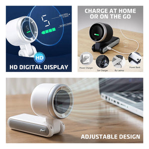 Portable fan with digital display showing wind speed and battery level with USB charging options