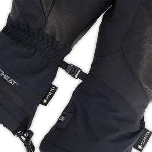 Black Outdoor Research heated gloves with Gore-Tex branding and adjustable wrist strap