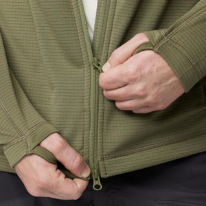 Close up of FjallRaven olive green ribbed fleece jacket zipper and thumb hole cuffs