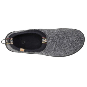 Top view of a grey knit slip on slipper with black trim and patterned pull tab