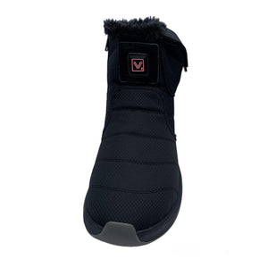 Black quilted ankle boot with faux fur trim and V logo patch