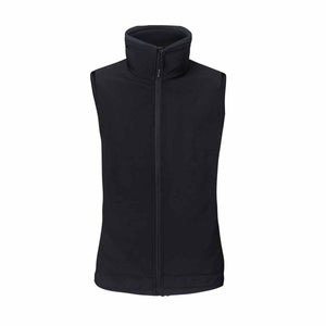 Black sleeveless softshell vest with a high collar and full length front zipper