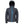 Dark grey hooded softshell jacket with bright blue zippers and a power button on the lower front