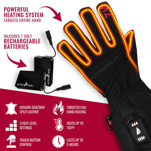 ActionHeat heated glove with rechargeable batteries and feature list including leather material and heat settings