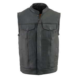 Milwaukee Leather black motorcycle vest with mandarin collar and front chest pockets