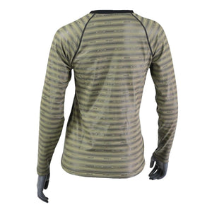 Back view of Seirus long sleeve base layer shirt with olive and black horizontal striped pattern