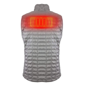 Back view of a grey Mobile Warming quilted vest showing the heated upper back panel