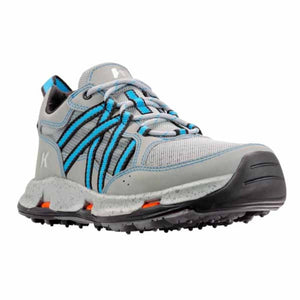 Grey and blue athletic shoe with black accents and speckled midsole