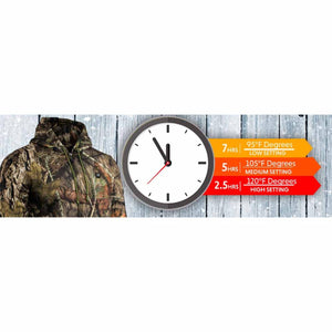NexGen camo heated hoodie with clock graphic showing battery life and temperature settings
