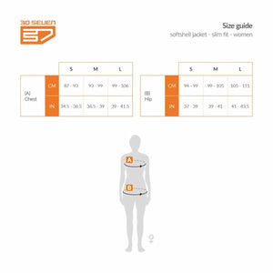 30 Seven women softshell jacket slim fit size guide chart with chest and hip measurements in centimeters and inches