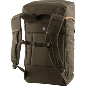 Back view of dark olive FjallRaven backpack with padded shoulder straps and chest buckle