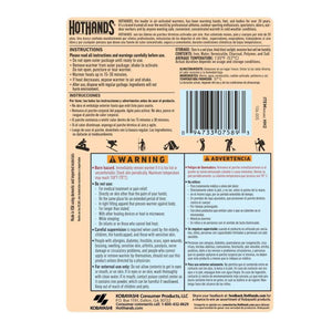 HotHands hand warmer product packaging back label with instructions and safety warnings