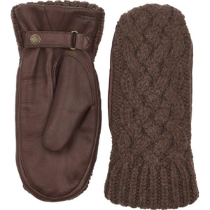 Hestra brown leather and cable knit wool mittens