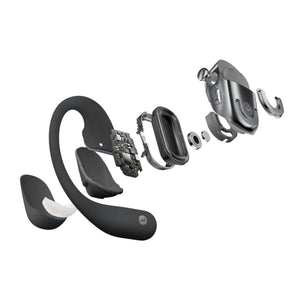 Exploded view of wireless earbud components showing internal circuitry and casing