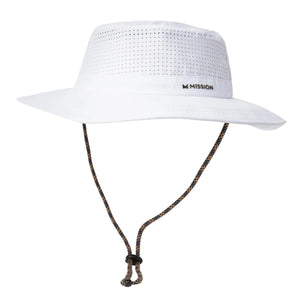 White Mission bucket hat with perforated crown and adjustable chin strap