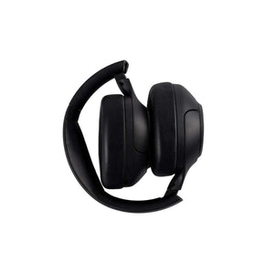 Black over ear wireless headphones folded for storage