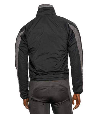 Back view of a black athletic jacket with grey sleeve panels and a high collar
