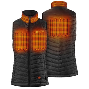 Venture Heat black quilted vest showing internal heating elements in the collar chest and back