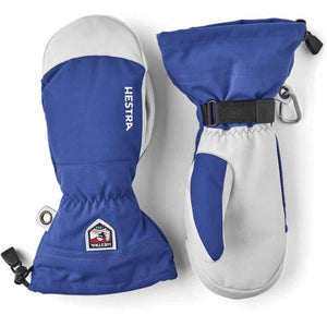 Hestra blue and grey insulated mittens with wrist straps and logo patch