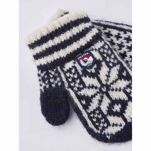Hestra navy and white patterned wool mittens with ribbed cuffs and brand logo patch